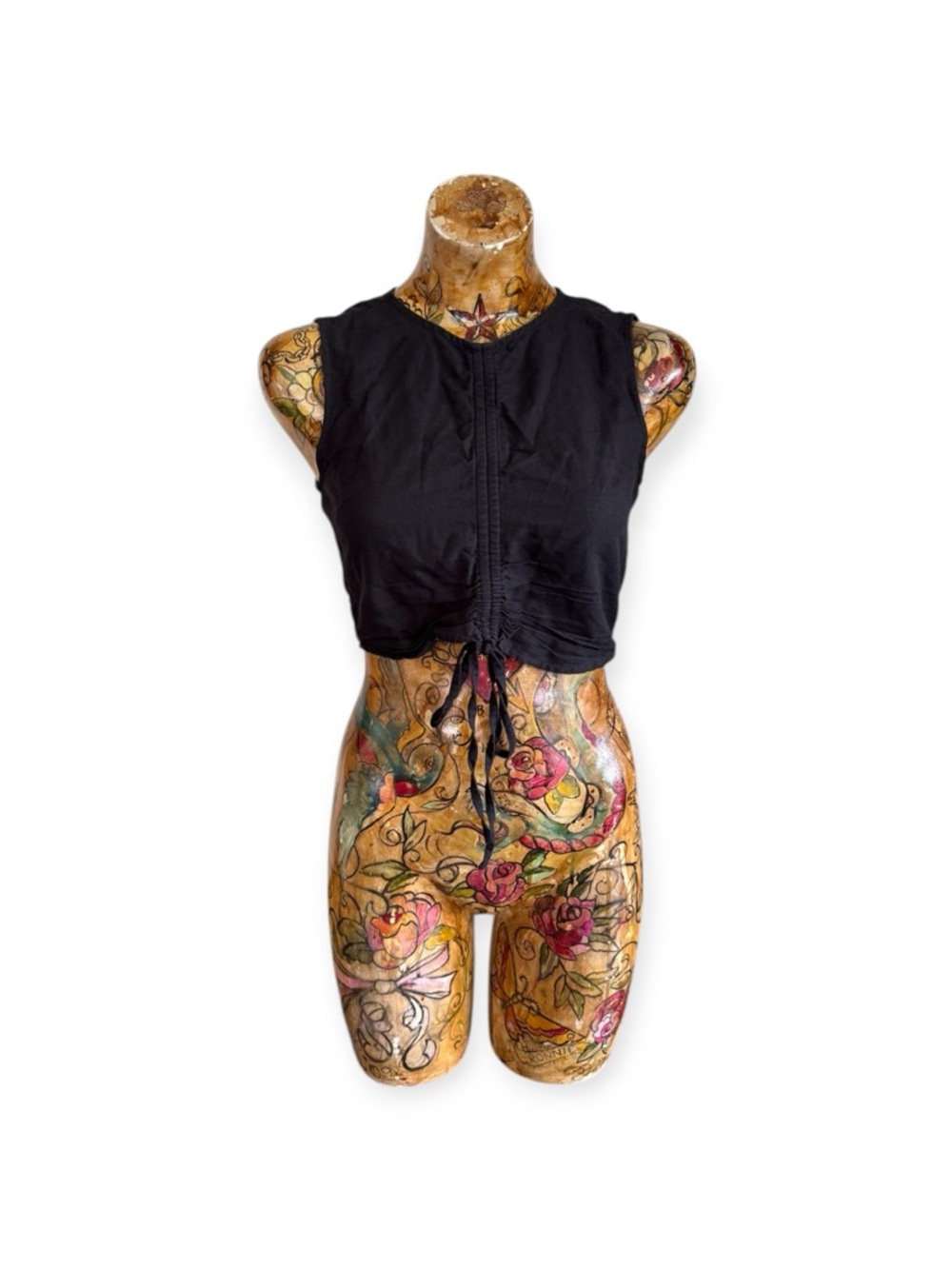 Something Navy Black Crop Top Drawstring Front Sleeveless Top